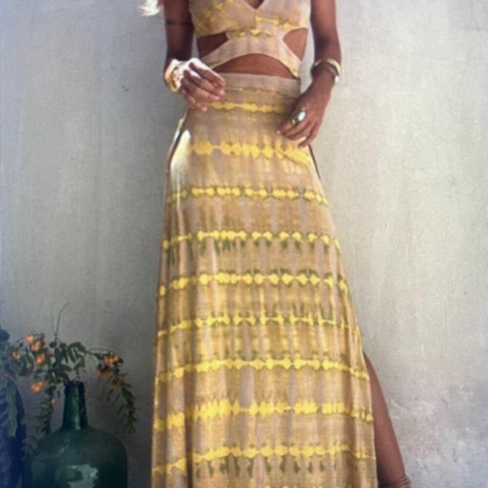 Karleedress V Neck Sleeveless Cut Out Waist Side Slit Tie Dye Maxi Dress